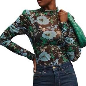 Maeve x Anthropologie Size Large Floral Print Ruched Sleeve Sheer Mesh Black Top